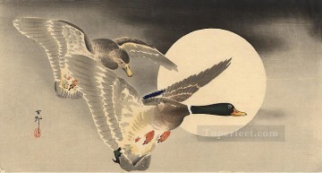  Vuelo Pintura - gansos en vuelo antes de la luna llena Ohara Koson Shin hanga